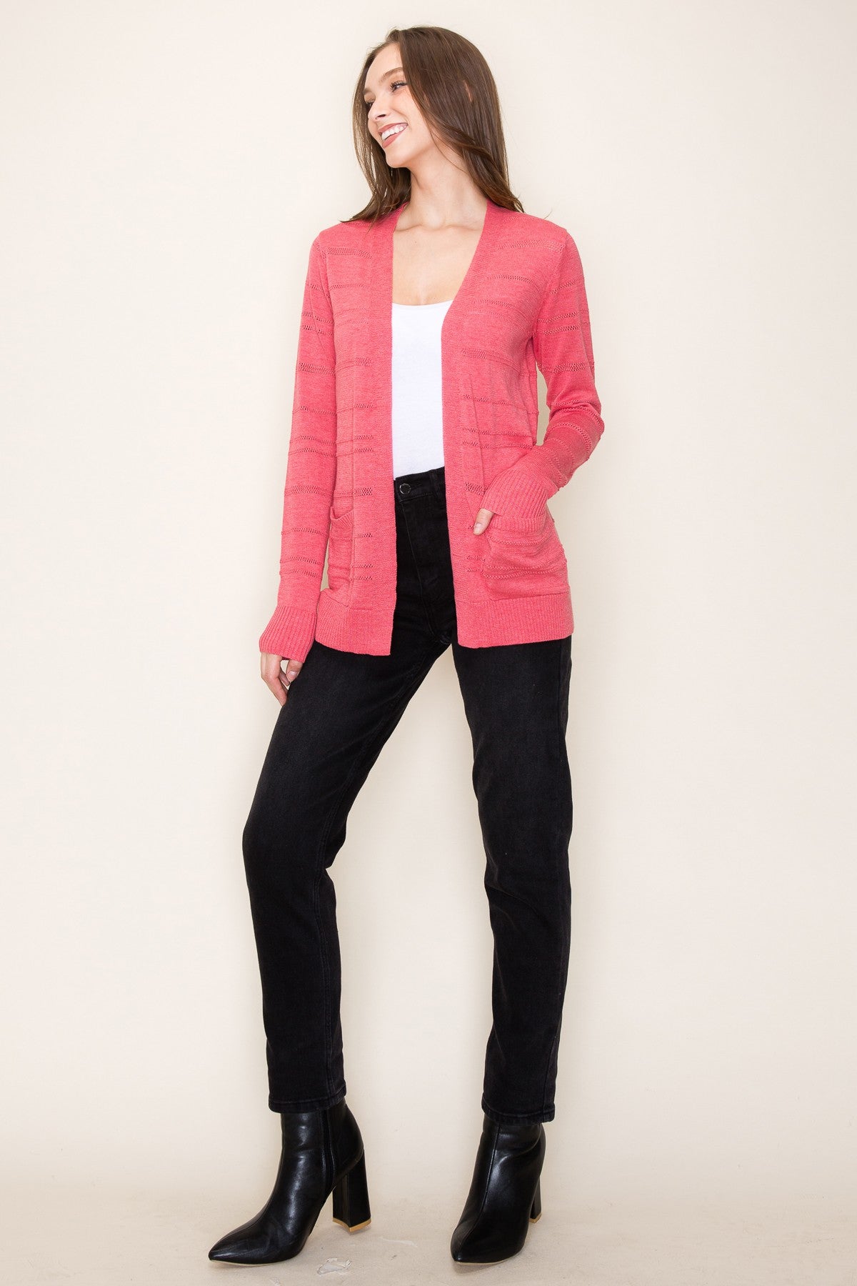 ROSE POINTELLE STRIPED OPEN FRONT CARDIGAN