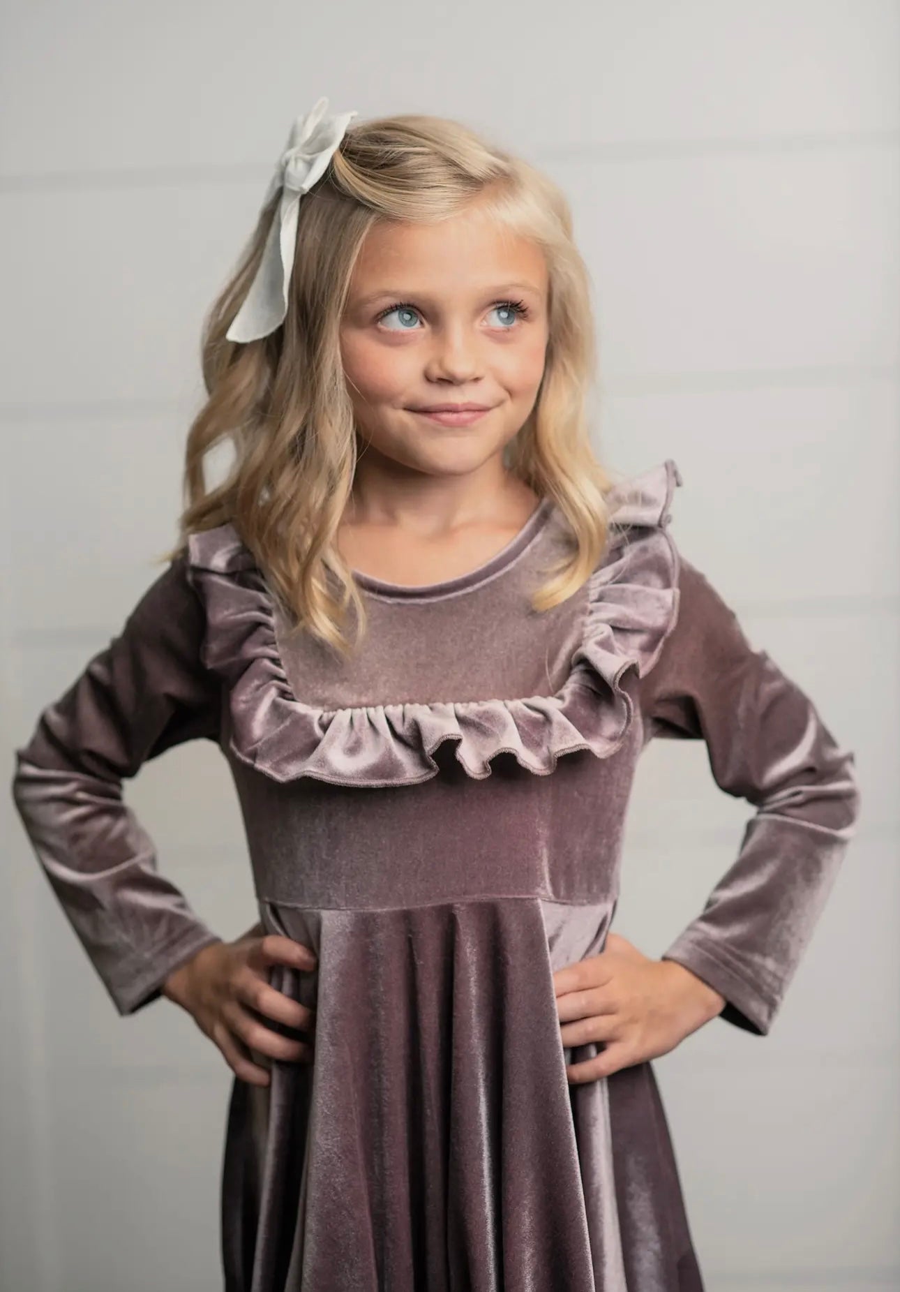 KIDS LAVENDER VELVET RUFFLE DRESS