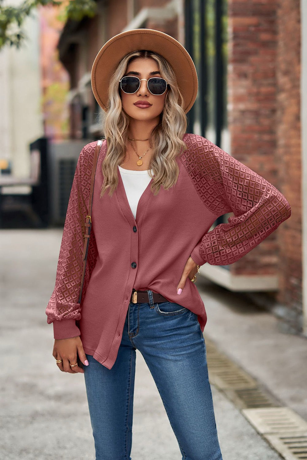 ROSE WAFFLED KNIT LACE SLEEVE BUTTON DOWN CARDIGAN