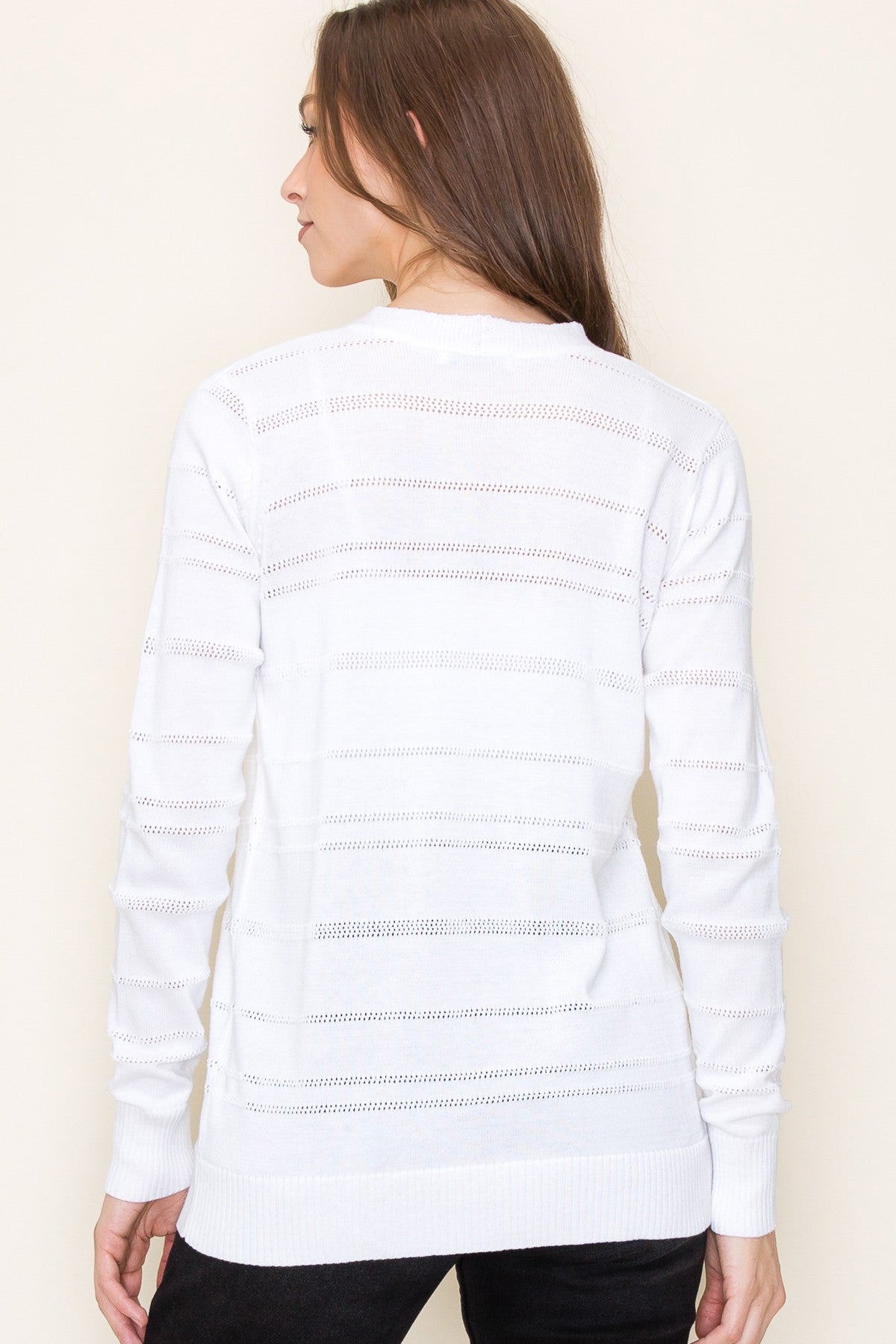 WHITE POINTELLE STRIPED OPEN FRONT CARDIGAN