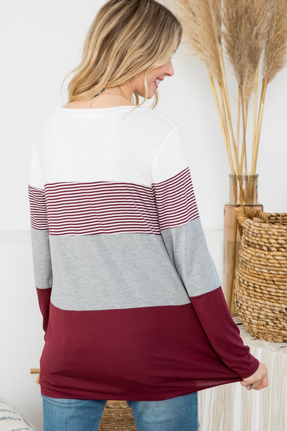 BURGUNDY LONG SLEEVE SOLID STRIPE COLORBLOCK