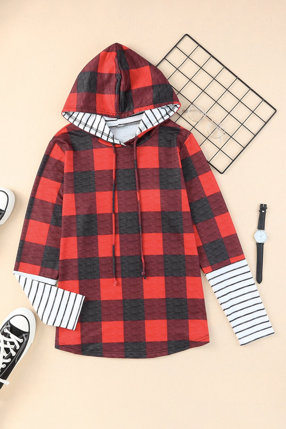 RED PATCHWORK DRAWSTRING HOODIE