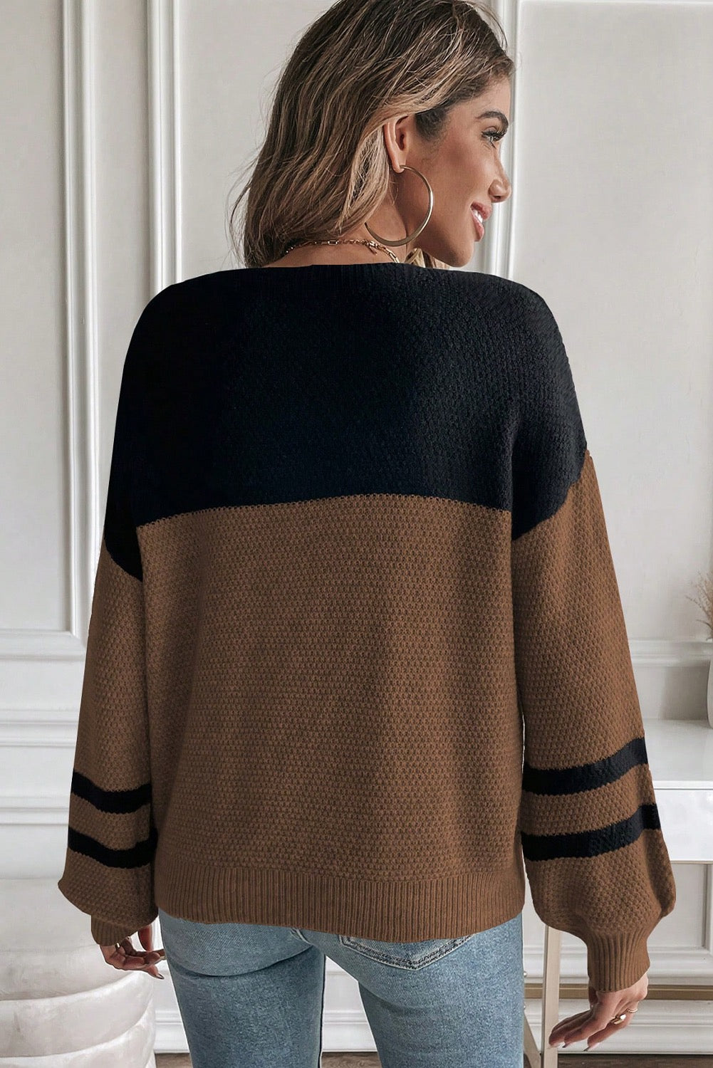 PREORDER BROWN COLORBLOCK KNIT STRIPE SLEEVE SWEATER