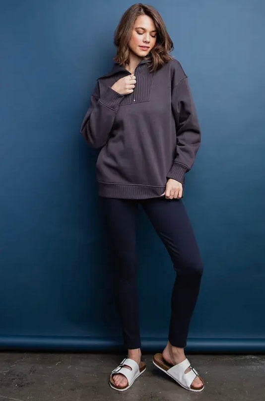 CHARCOAL FRENCH TERRY RIBBED MOCK NECK QUARTER ZIP