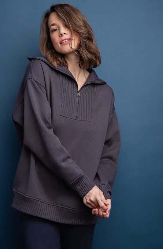 CHARCOAL FRENCH TERRY RIBBED MOCK NECK QUARTER ZIP