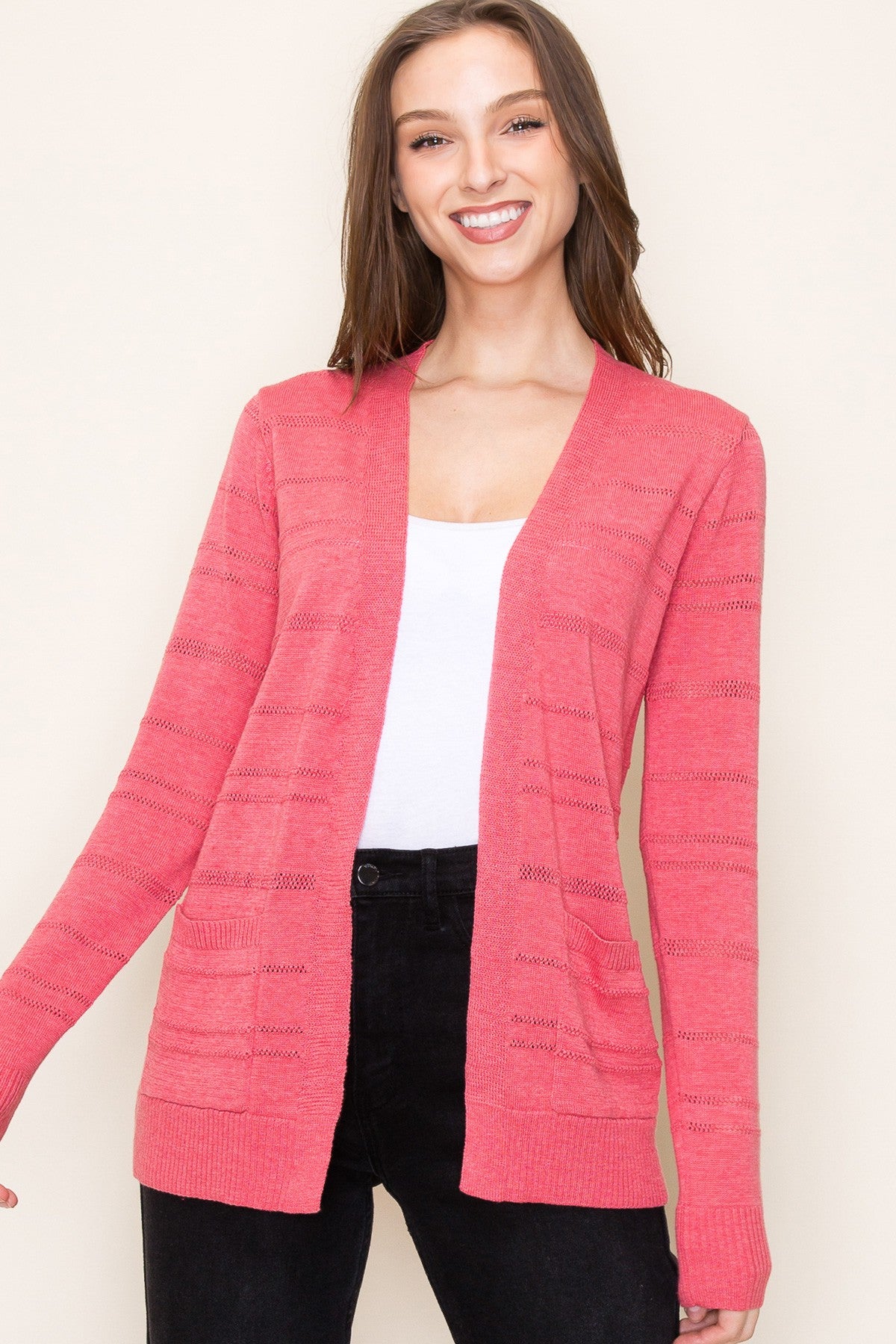 ROSE POINTELLE STRIPED OPEN FRONT CARDIGAN