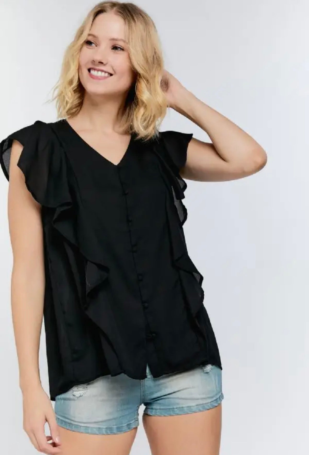BLACK RUFFLED SHORT SLEEVE RUFFLE BUTTON BLOUSE