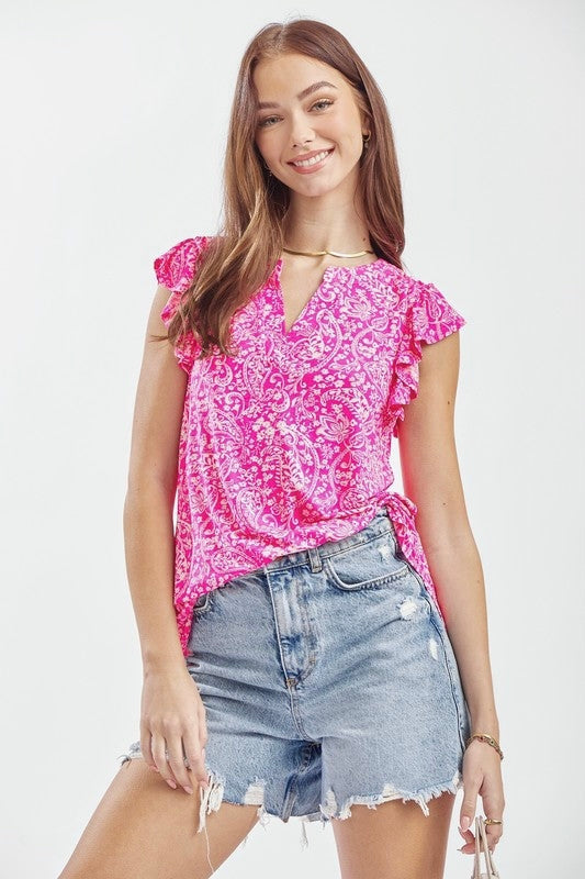 MAGENTA PAISLEY FLUTTER SLEEVE TOP