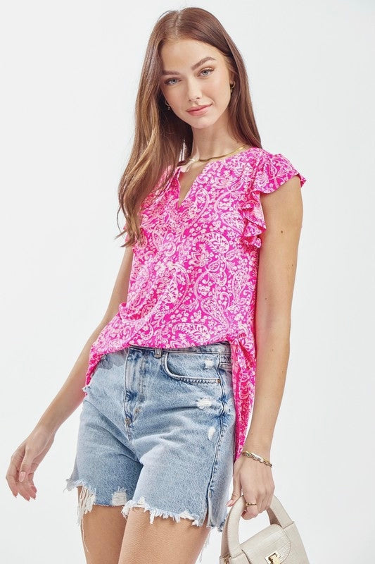 MAGENTA PAISLEY FLUTTER SLEEVE TOP