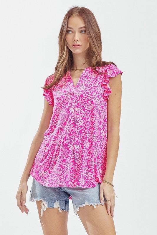 MAGENTA PAISLEY FLUTTER SLEEVE TOP