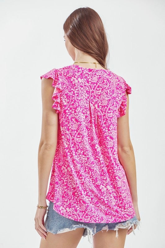 MAGENTA PAISLEY FLUTTER SLEEVE TOP