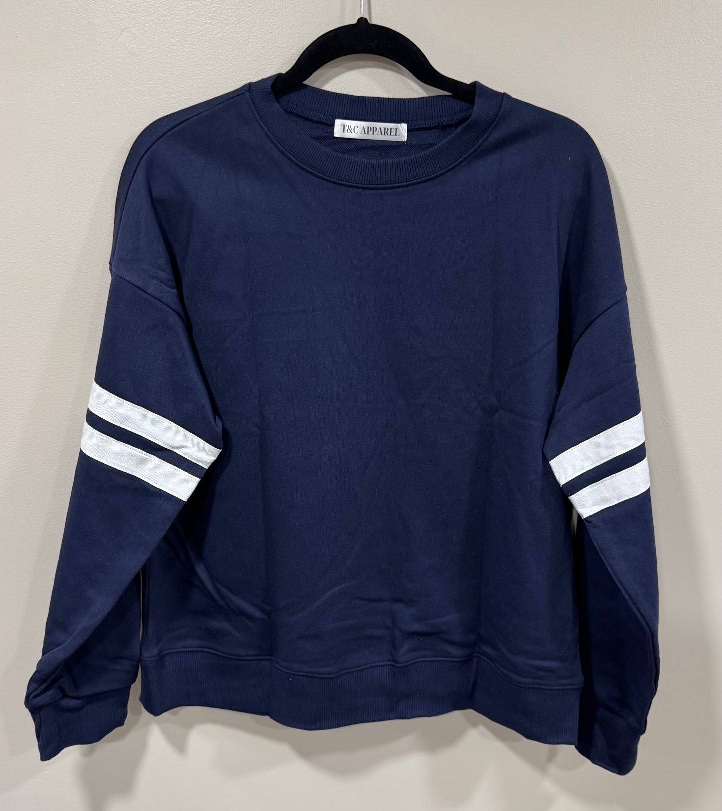 NAVY VARSITY STRIPE SWEATSHIRT