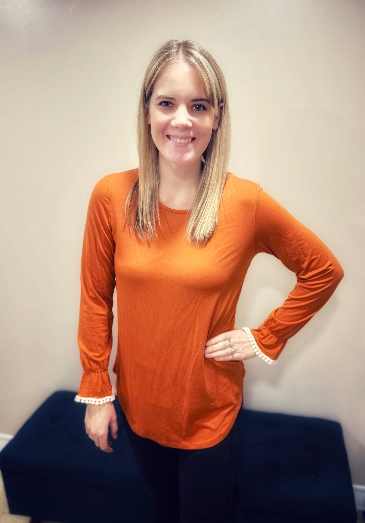 CROCHET TRIM PUMPKIN LONG SLEEVE TOP