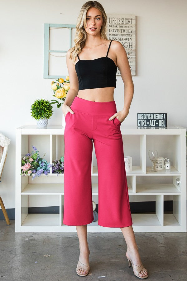 FUSCHIA SOLID WAISTBAND WIDE LEG CAPRI PANTS