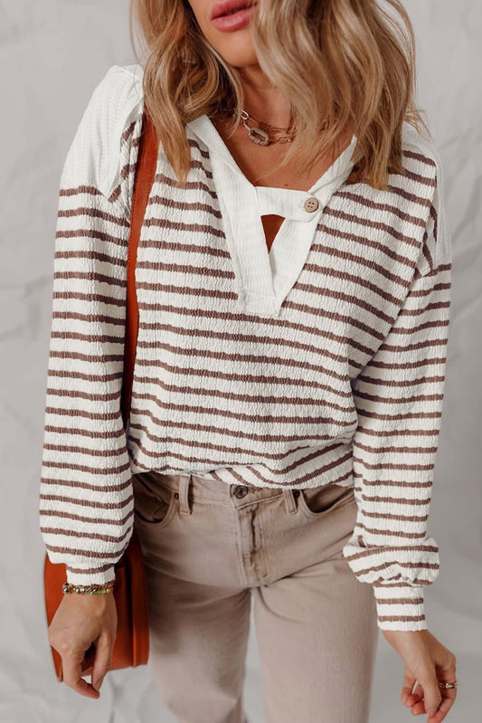 KHAKI STRIPE HOODED TOP