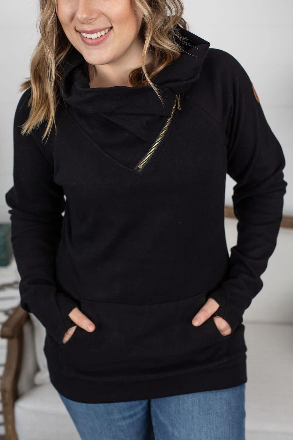 MICHELLE MAE BLACK ZIP COWLNECK SWEATSHIRT