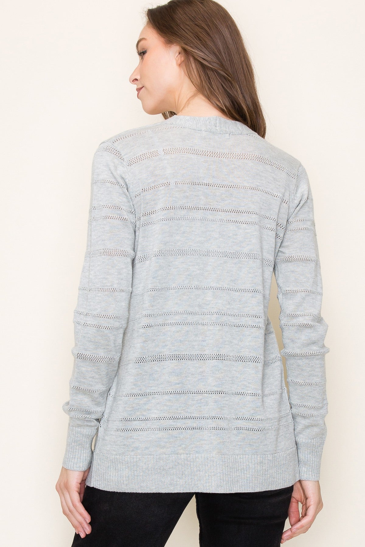 GRAY POINTELLE STRIPED OPEN FRONT CARDIGAN