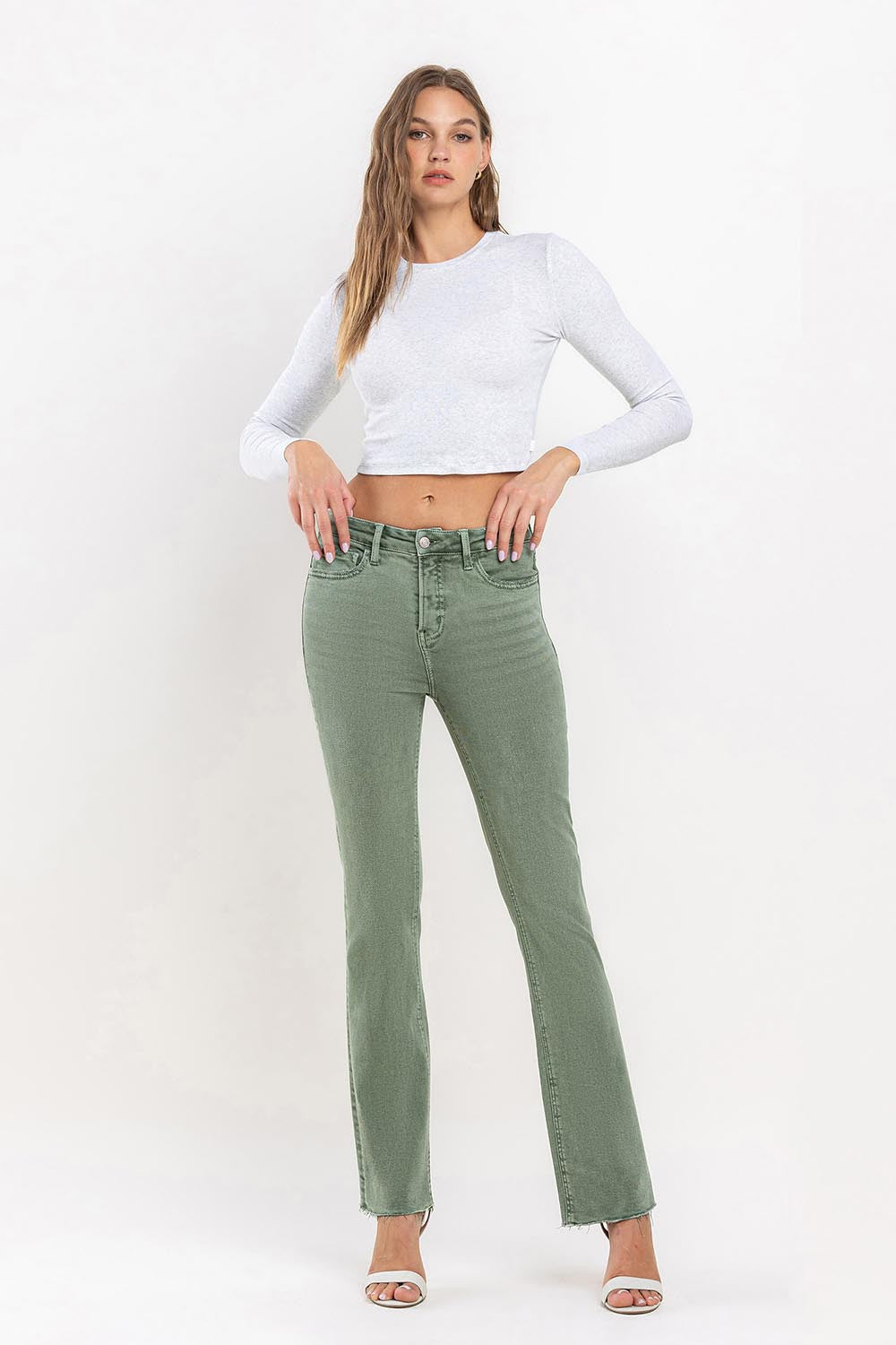 LOVERVET OLIVE MID-RISE BOOTCUT DENIM