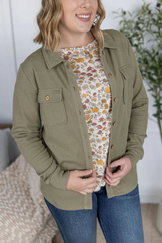 MICHELLE MAE OLIVE WAFFLE KNIT BUTTON TOP