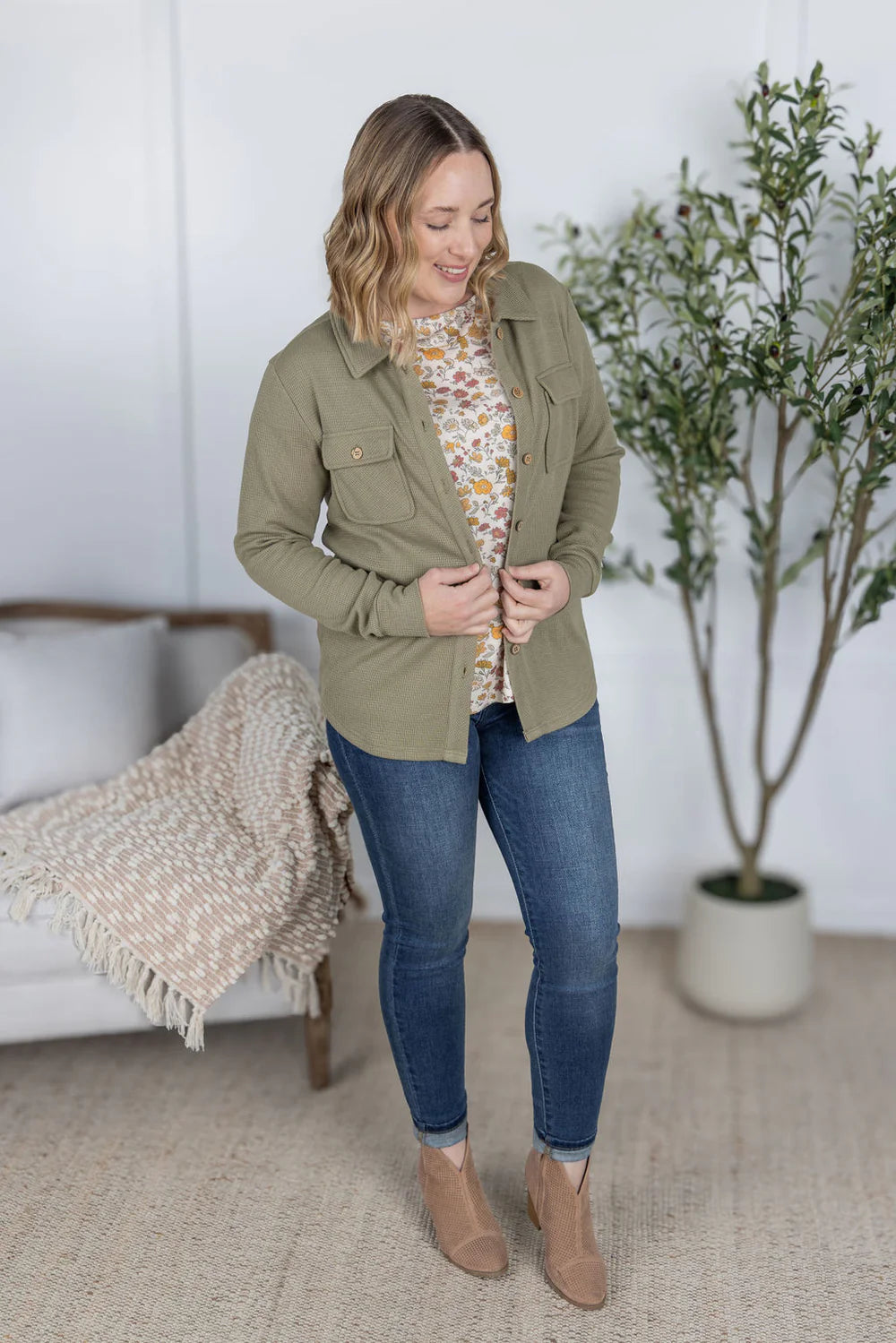 MICHELLE MAE OLIVE WAFFLE KNIT BUTTON TOP
