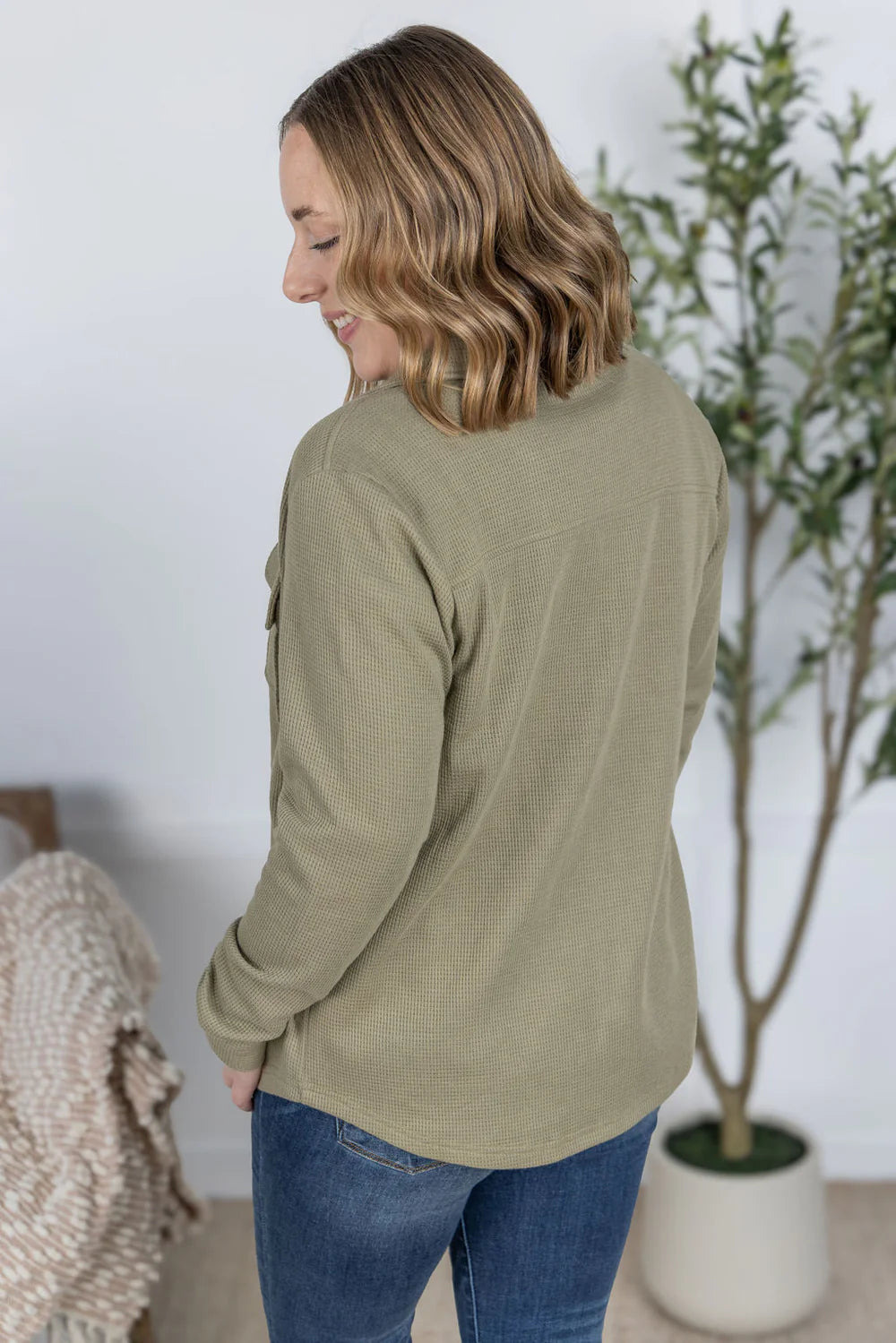 MICHELLE MAE OLIVE WAFFLE KNIT BUTTON TOP