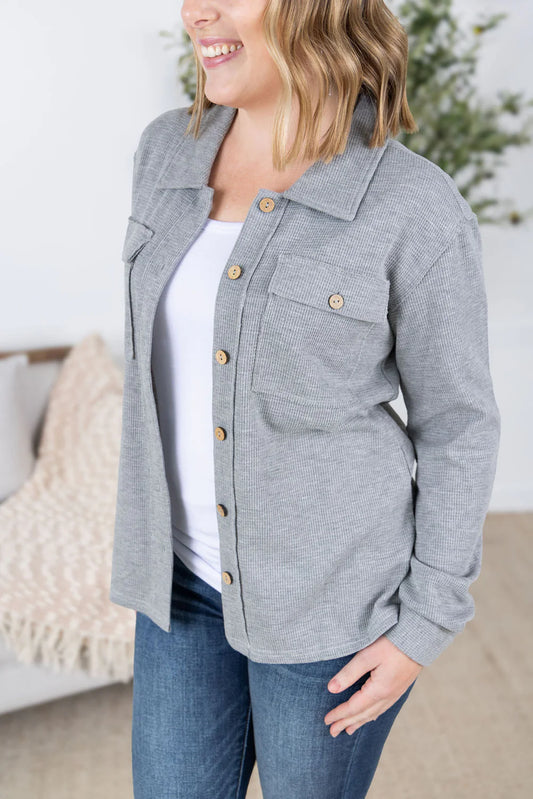 MICHELLE MAE GRAY WAFFLE KNIT BUTTON TOP