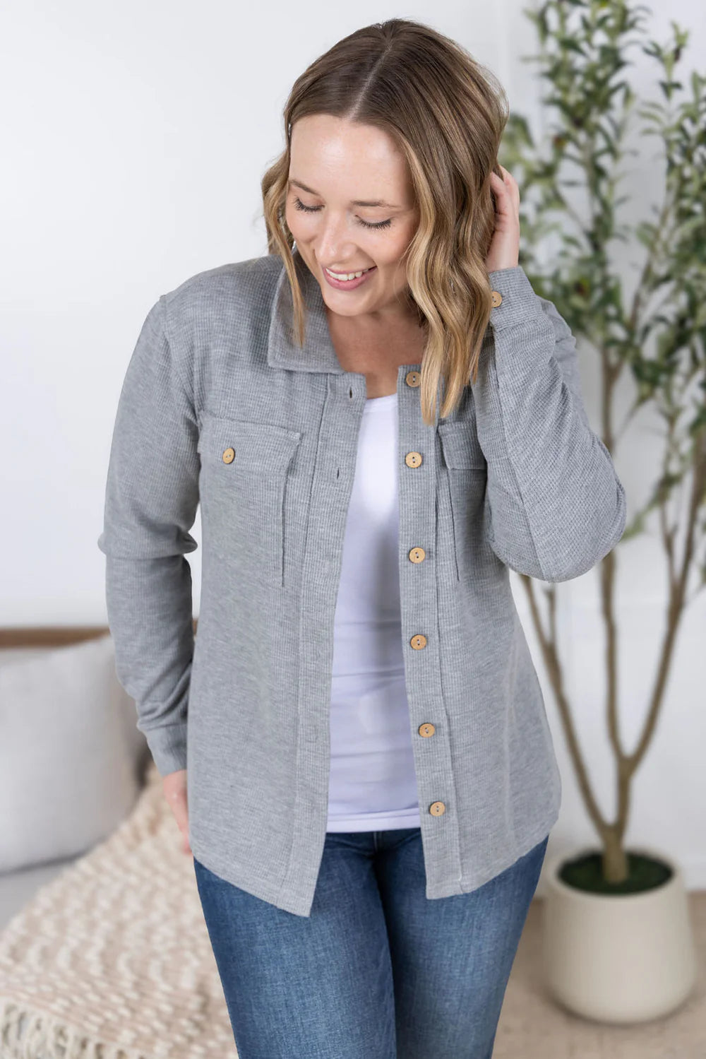 MICHELLE MAE GRAY WAFFLE KNIT BUTTON TOP
