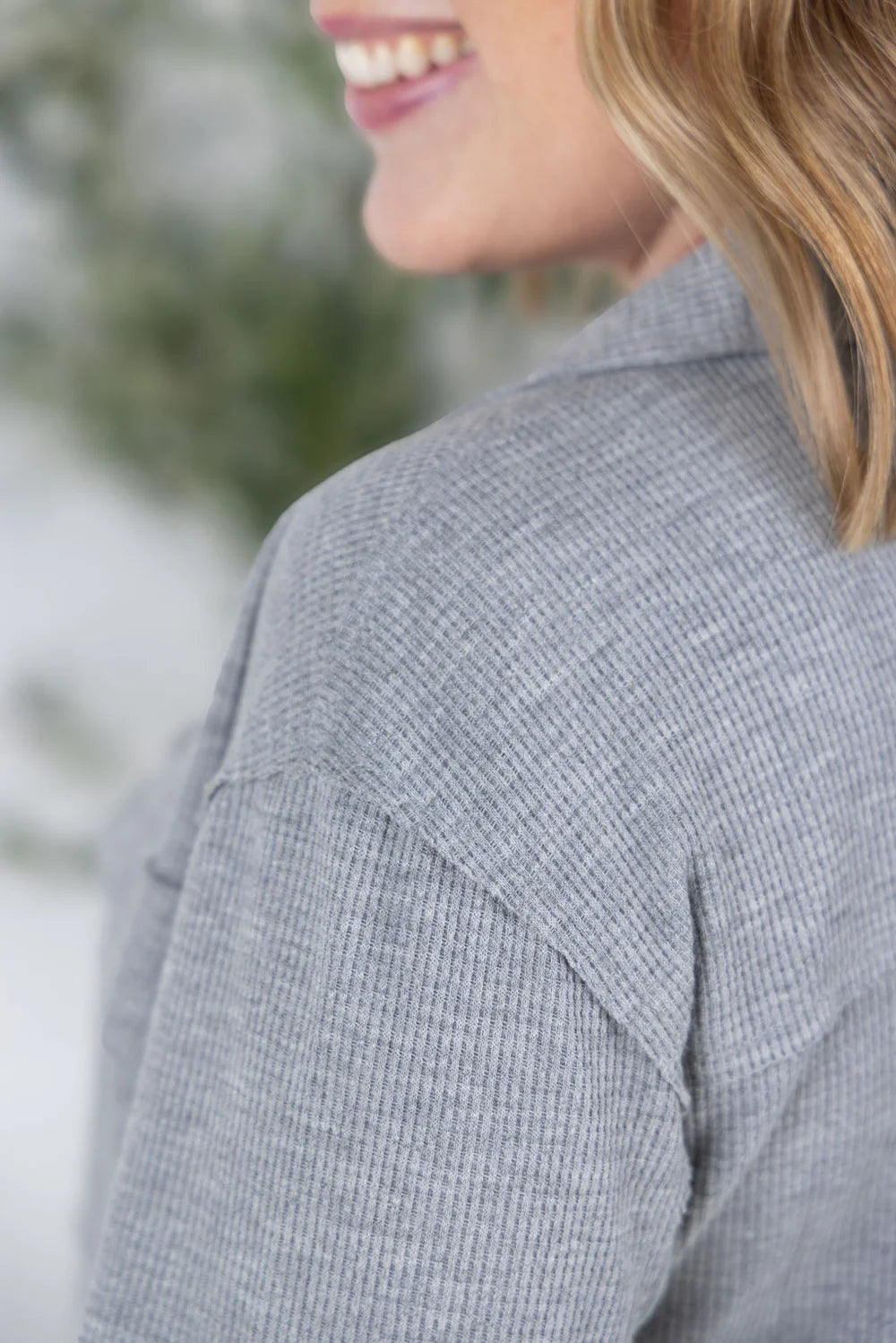 MICHELLE MAE GRAY WAFFLE KNIT BUTTON TOP