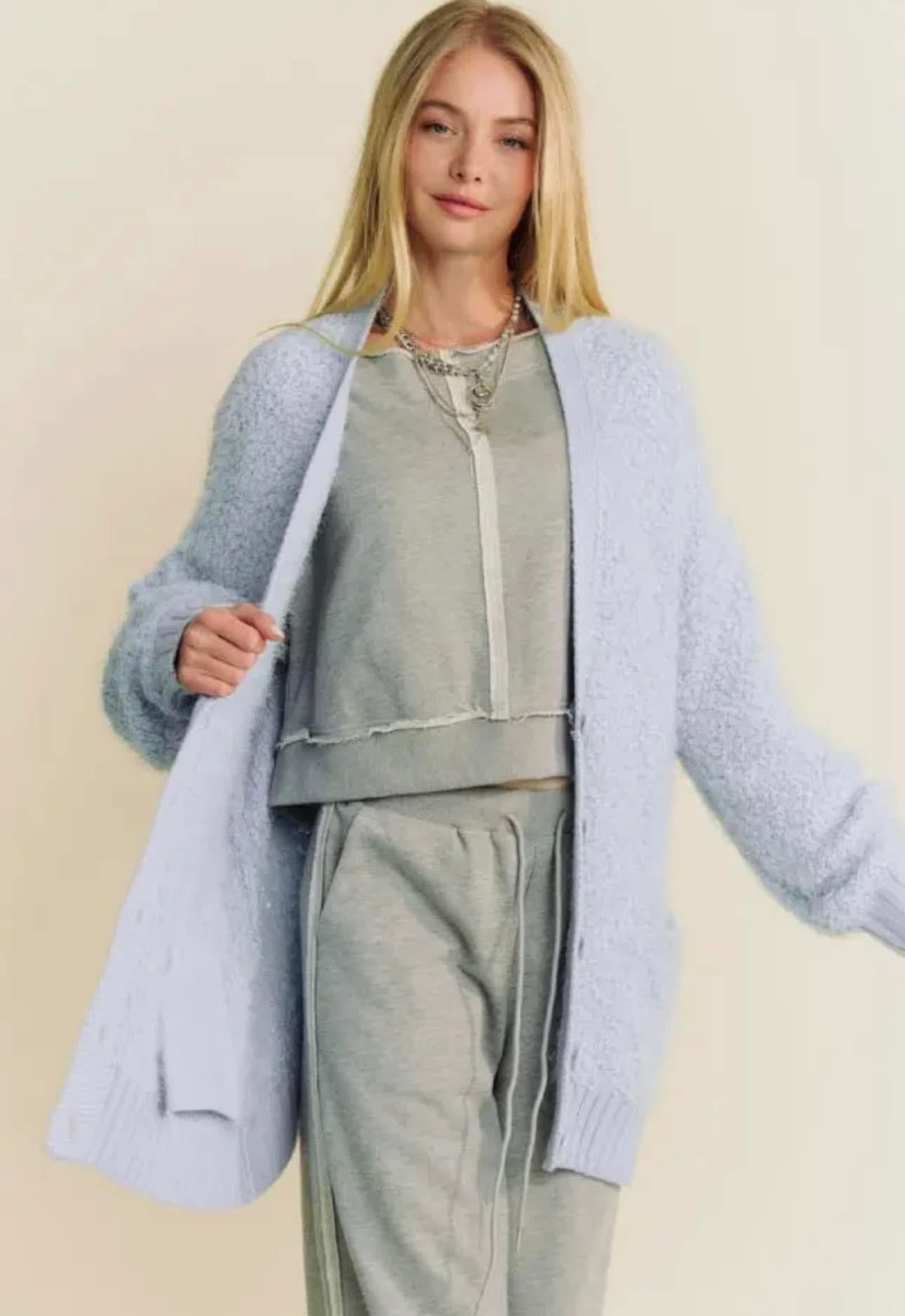 SKY BLUE KNIT MIXED TEXTURE BALLOON SLEEVE CARDIGAN