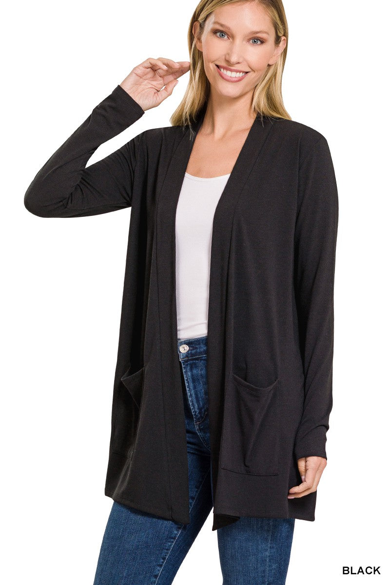 BLACK SLOUCHY POCKET OPEN CARDIGAN