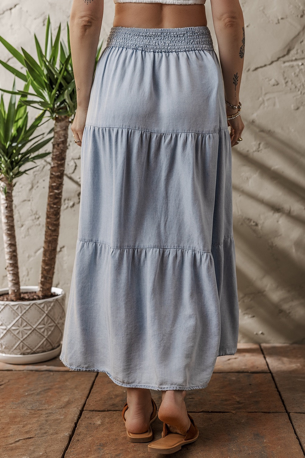 PREORDER TIERED SMOCKED DENIM MAXI SKIRT