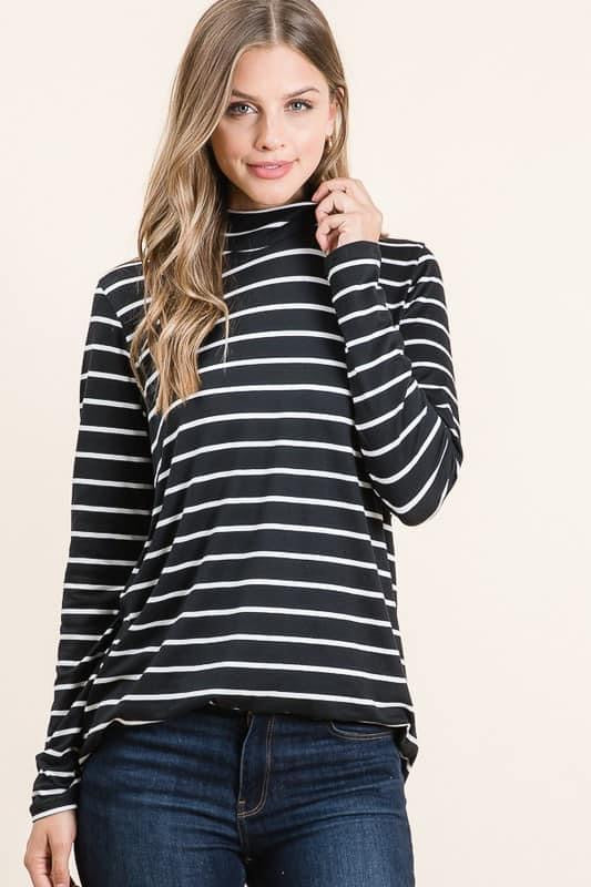 MOCK NECK BLACK/WHITE STRIPE TOP