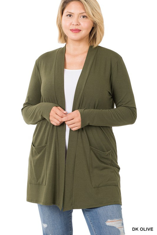 DARK OLIVE SLOUCHY POCKET OPEN CARDIGAN