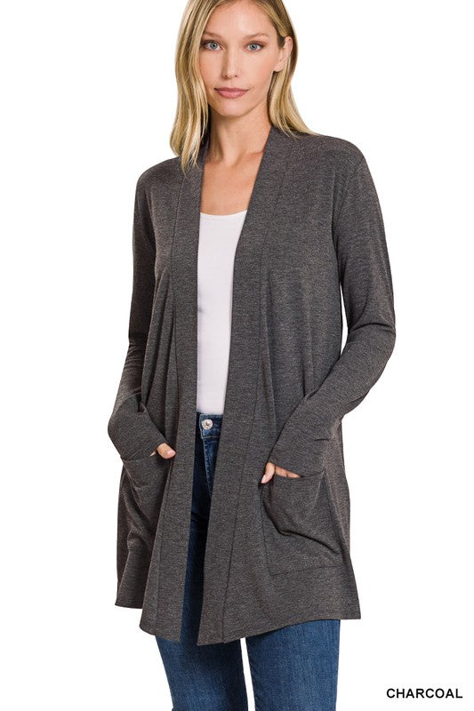 CHARCOAL SLOUCHY POCKET OPEN CARDIGAN