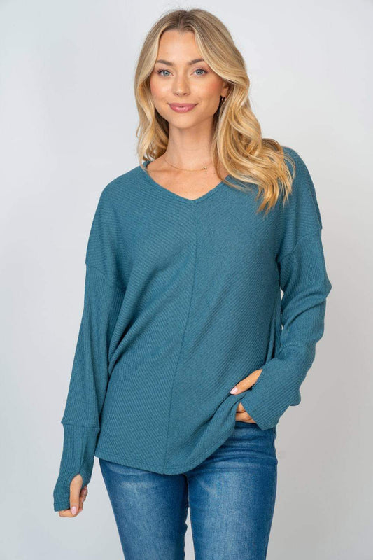 DUSTY TEAL BLUE RIBBED KNIT WITH THUMBHOLES