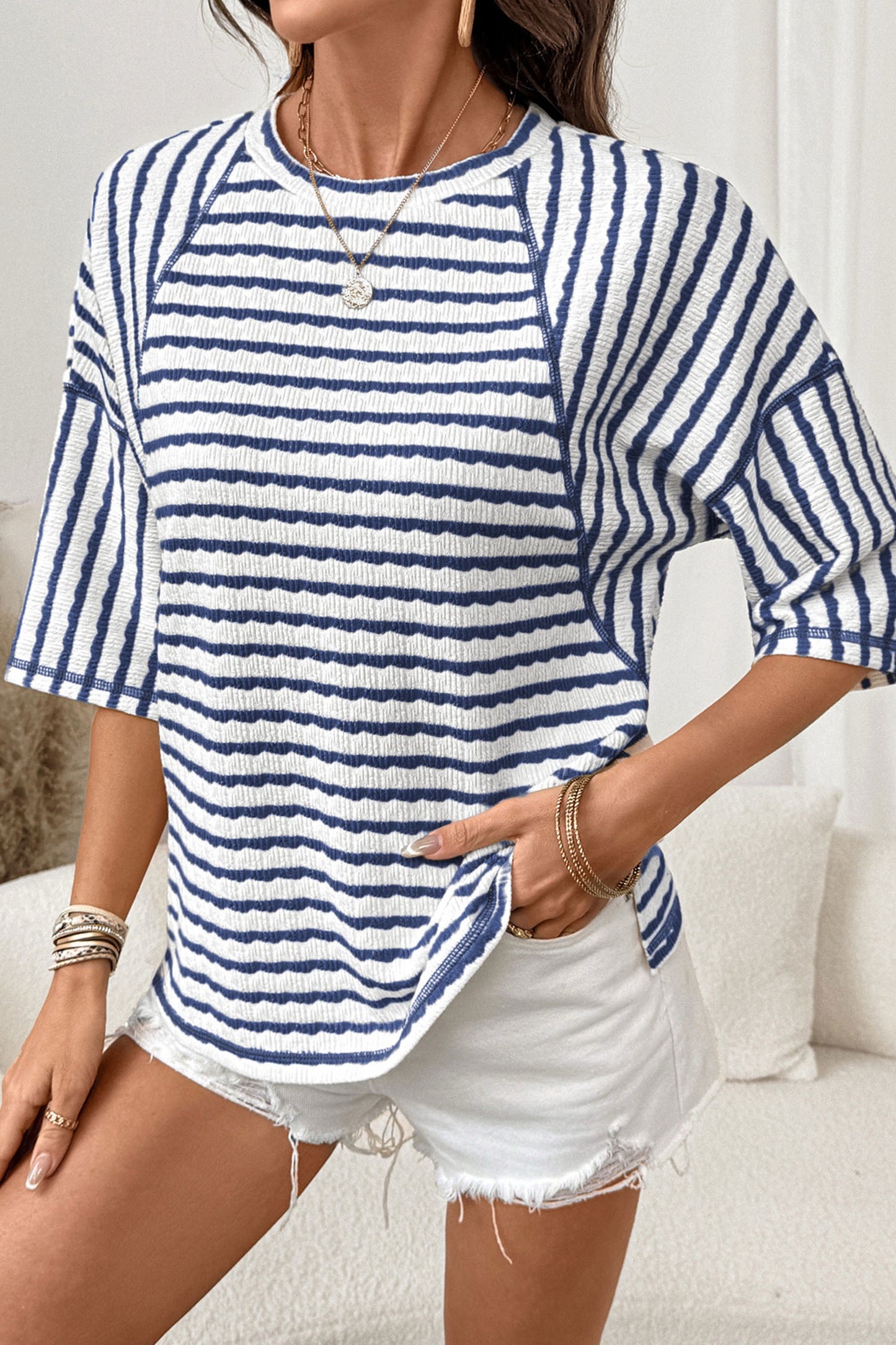 PREORDER BLUE STRIPE HALF SLEEVE TOP