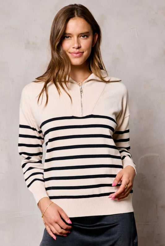 OATMEAL/BLACK STRIPE HALF ZIP SWEATER