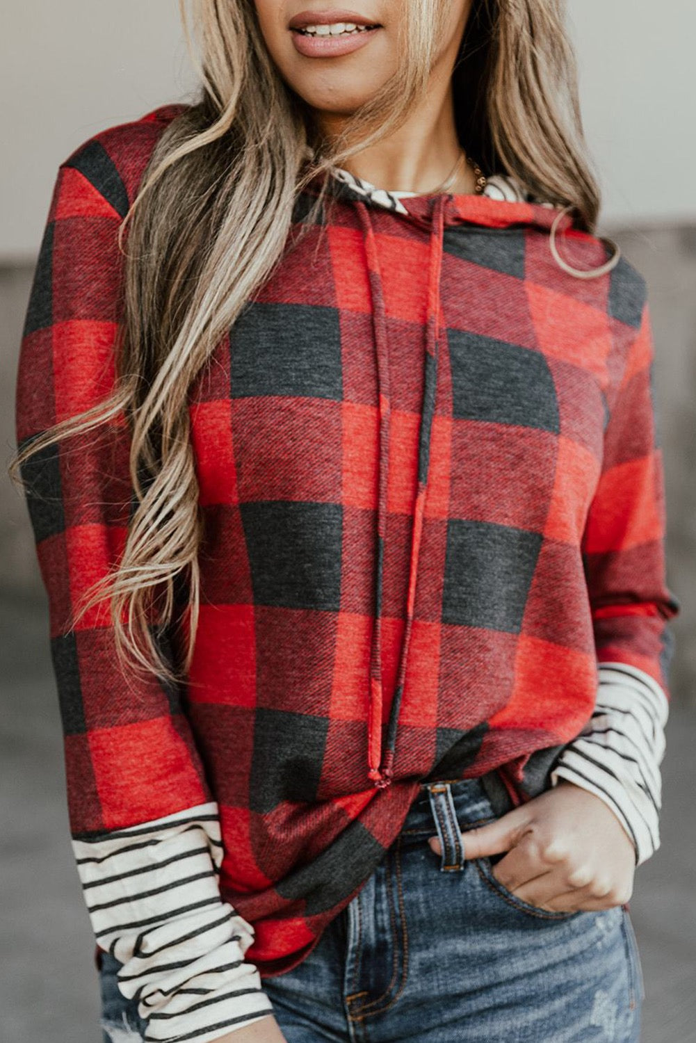 RED PATCHWORK DRAWSTRING HOODIE