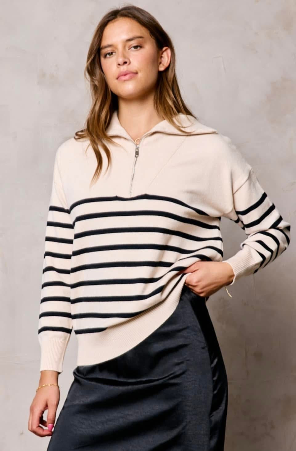 OATMEAL/BLACK STRIPE HALF ZIP SWEATER