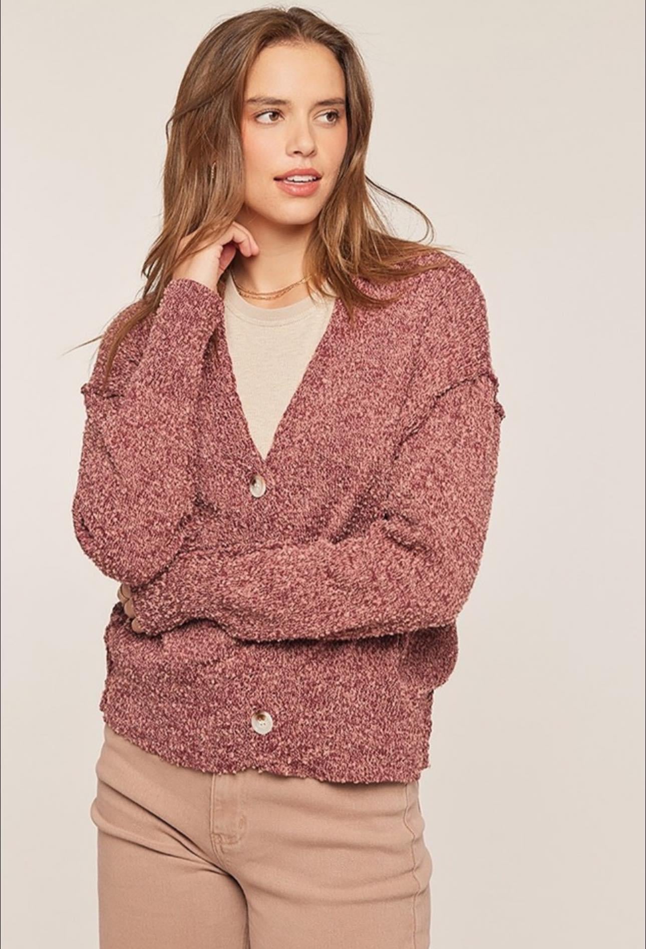 PLUM/DUSTY ROSE BUTTON FRONT DROP SHOULDER CARDIGAN