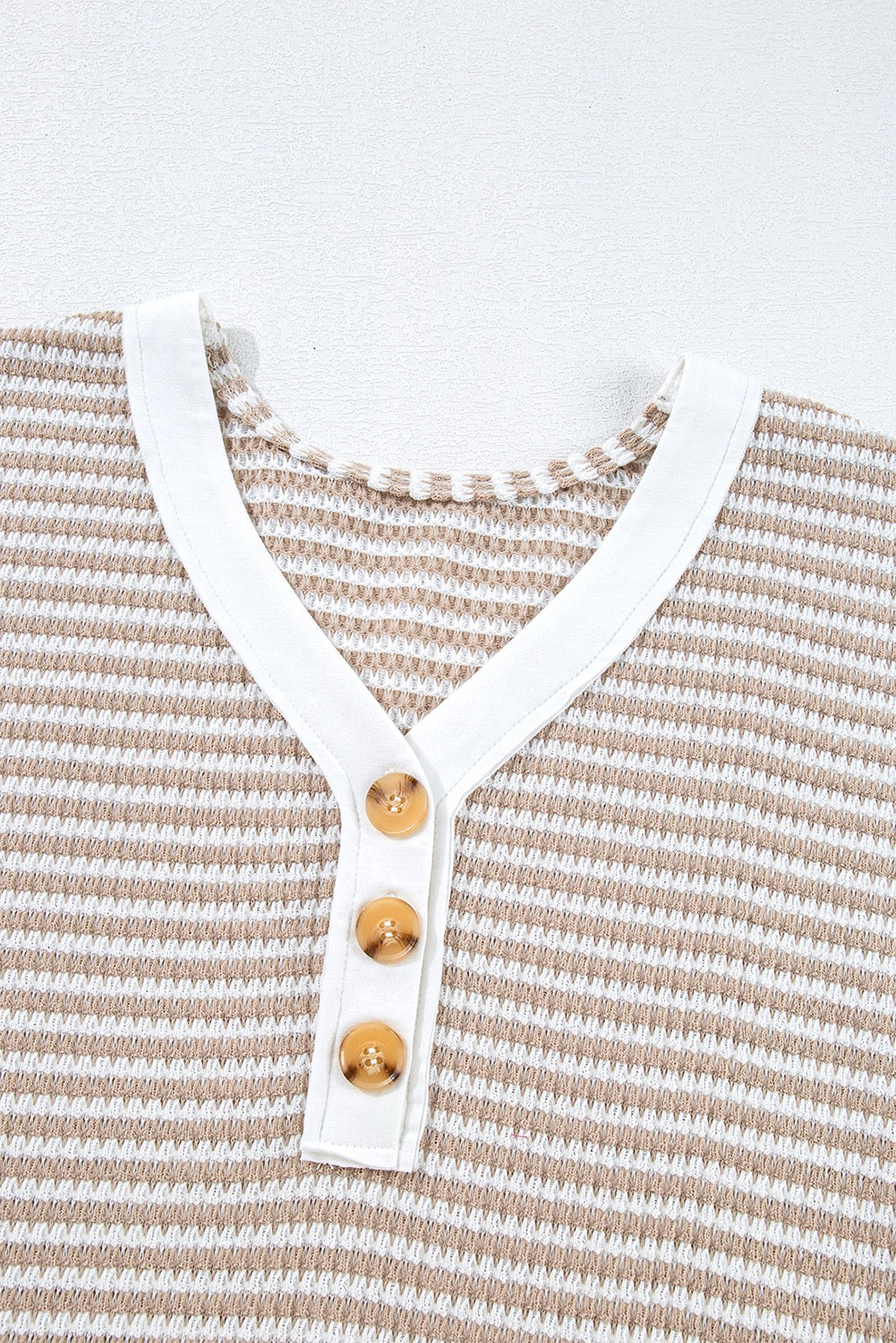 KHAKI STRIPED KNIT BUTTON VNECK TOP