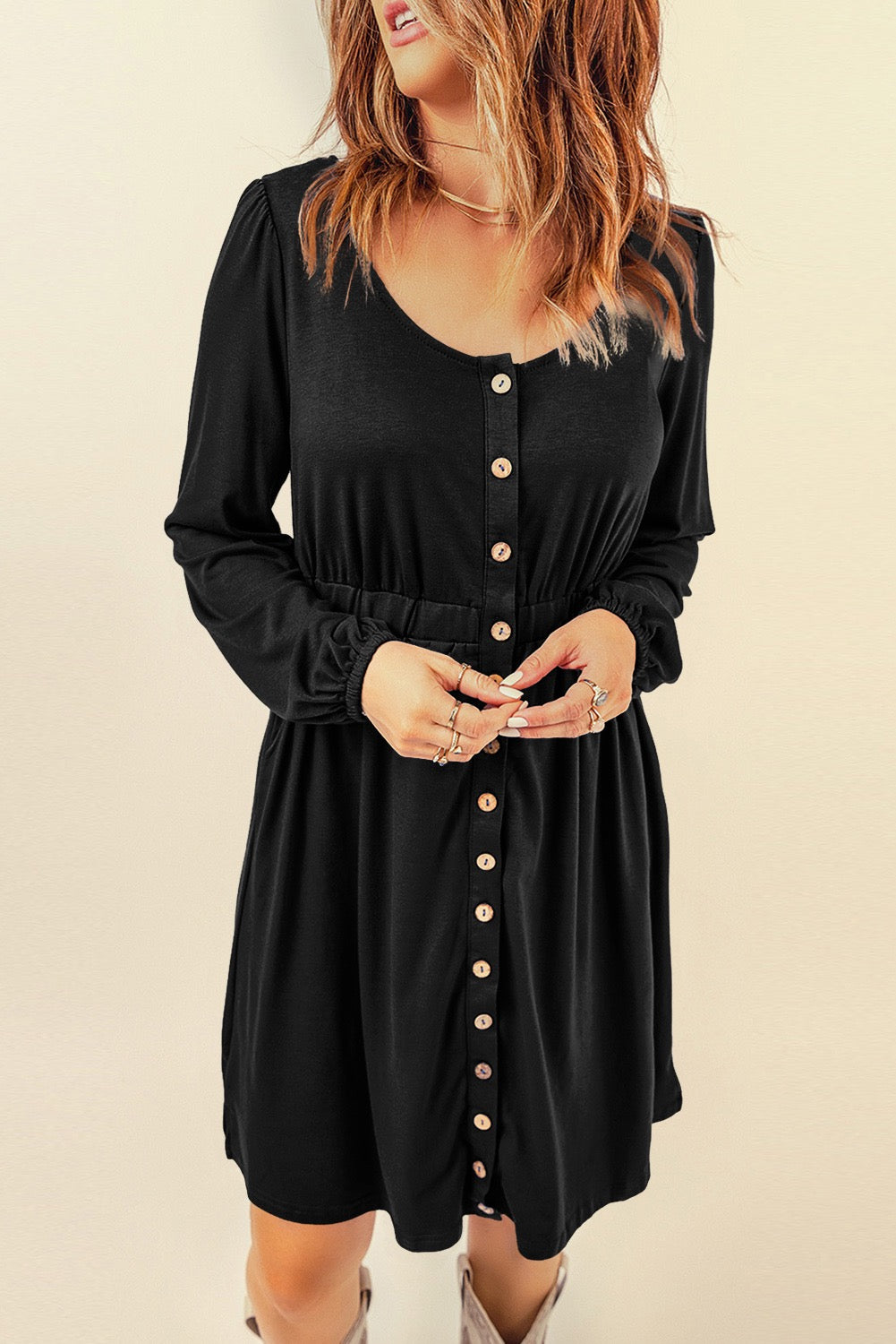 BLACK BUTTON DOWN LONG SLEEVE DRESS