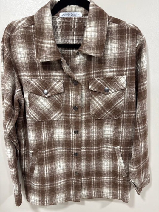 MICHELLE MAE BROWN SNAP BUTTON PLAID SHACKET