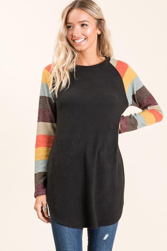 COLORFUL STRIPE SLEEVE LONG SLEEVE RAGLAN TOP