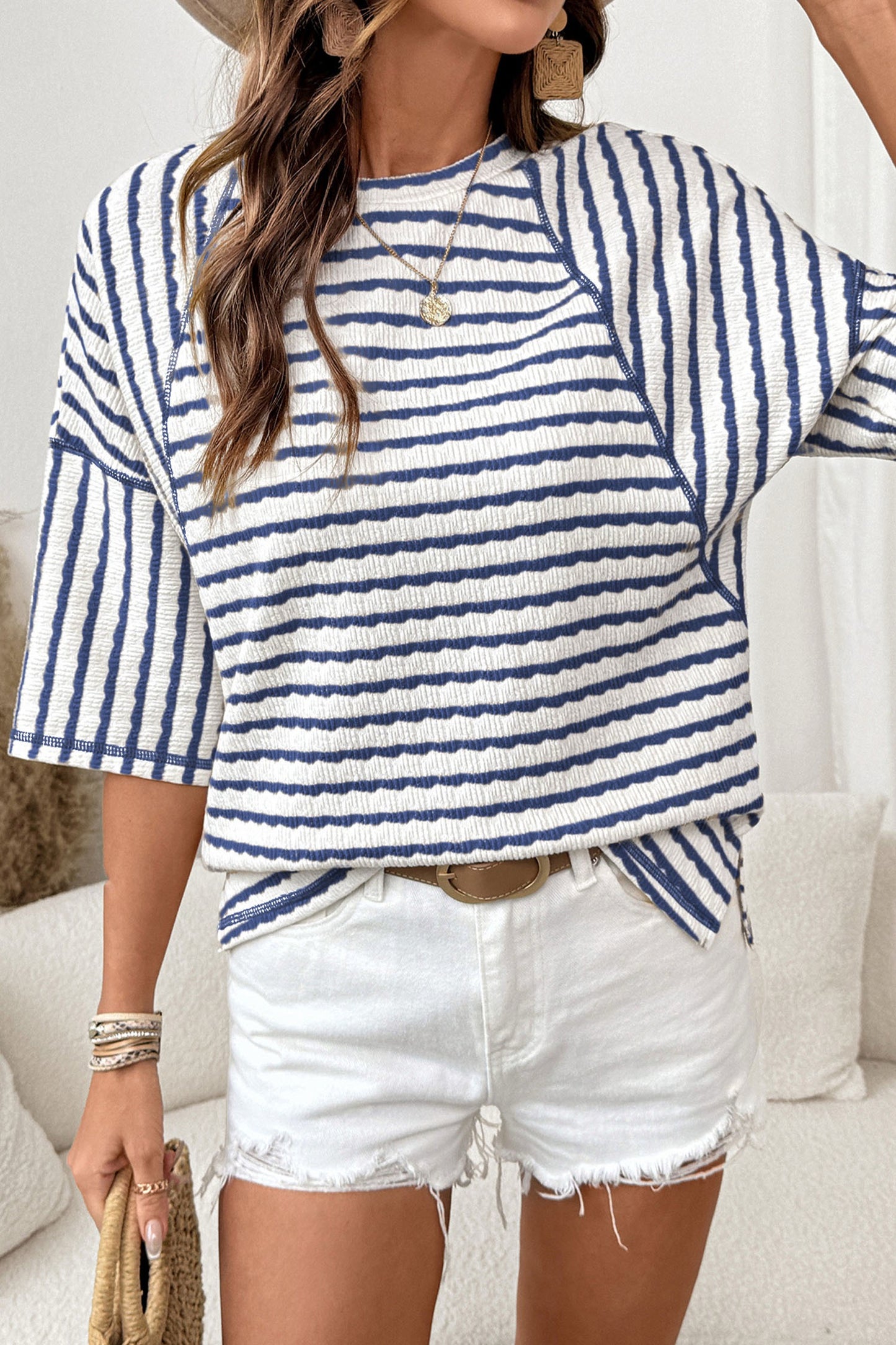 PREORDER BLUE STRIPE HALF SLEEVE TOP