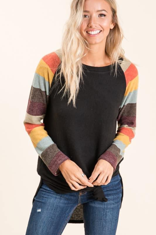 COLORFUL STRIPE SLEEVE LONG SLEEVE RAGLAN TOP