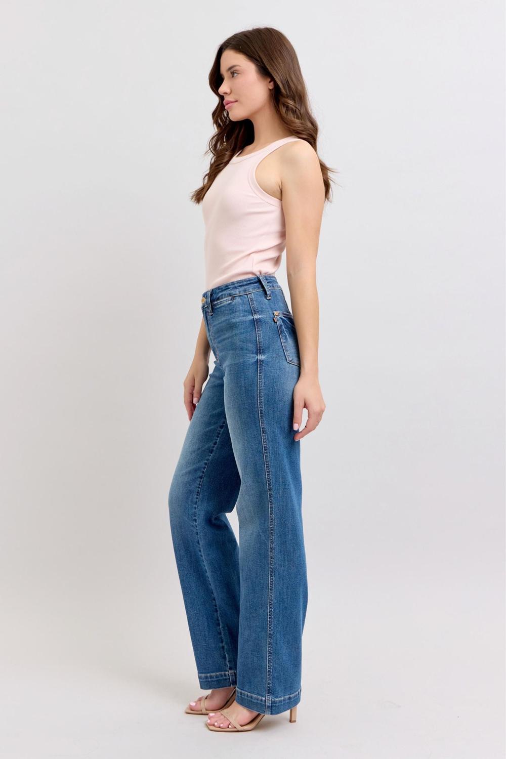 JUDY BLUE HIGH WAIST CONTRAST THREAD STRAIGHT DENIM JEANS