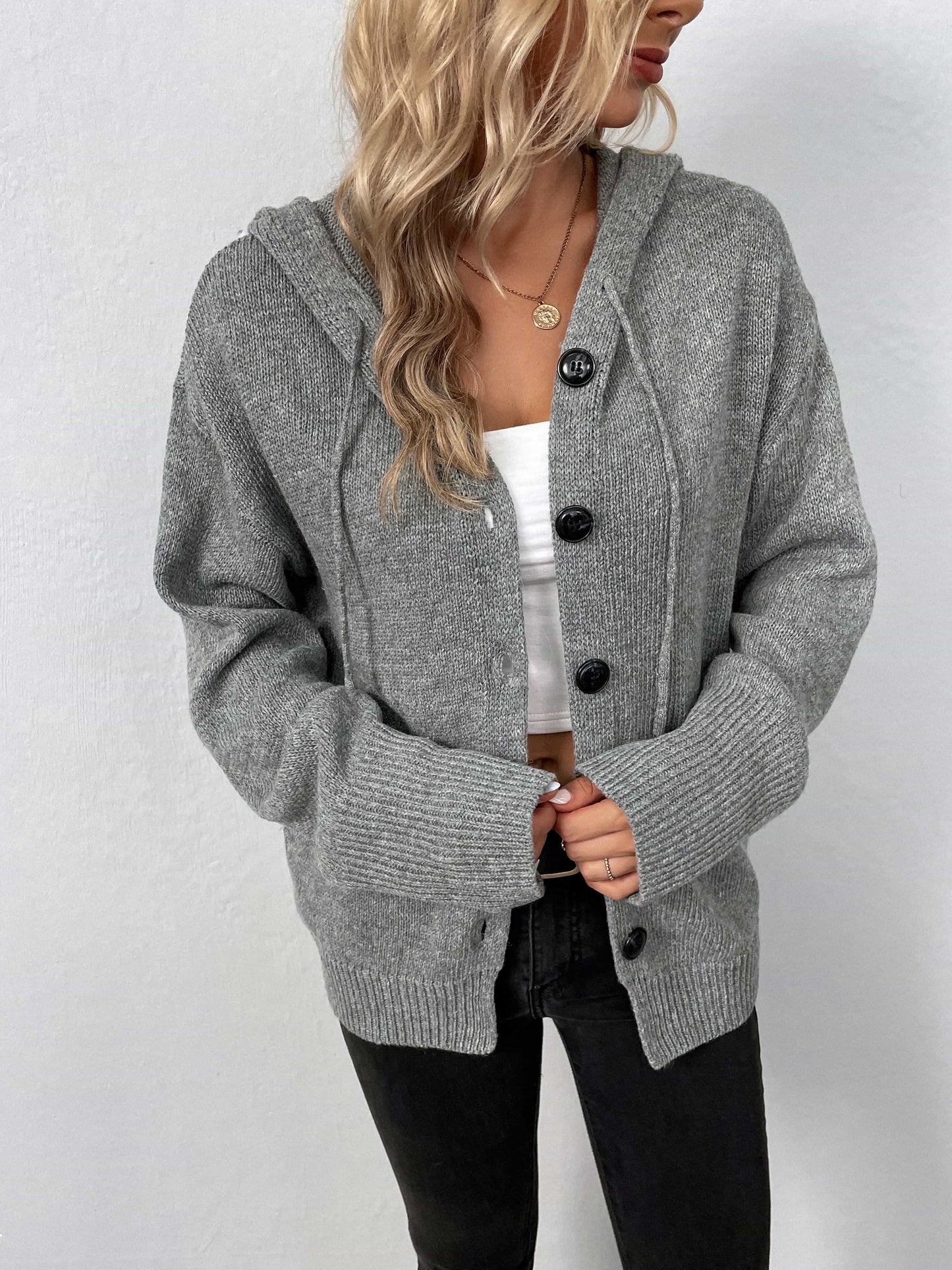 GRAY BUTTON DOWN HOODED CARDIGAN