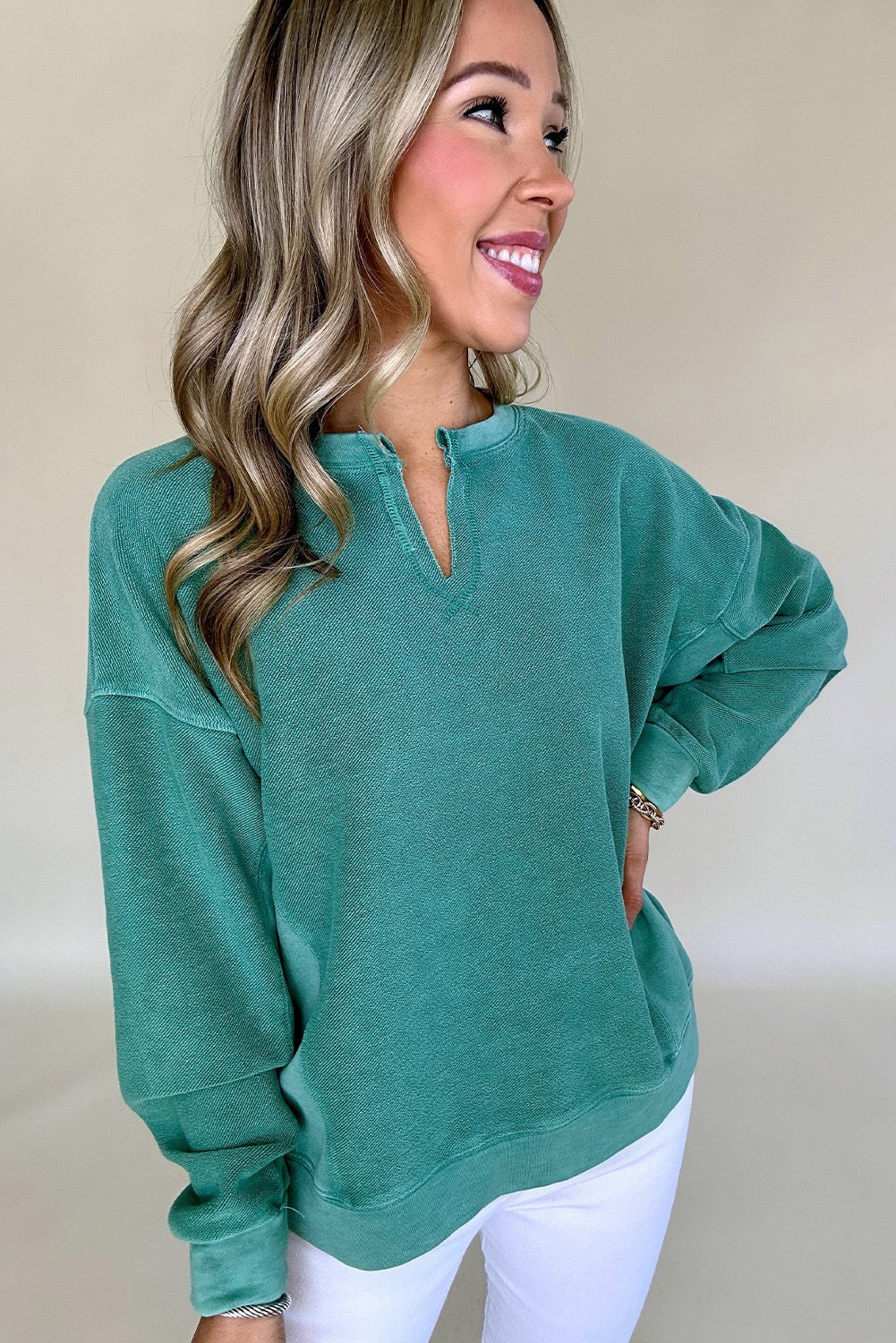 PREORDER TEAL NOTCHED DROP SHOULDER TOP