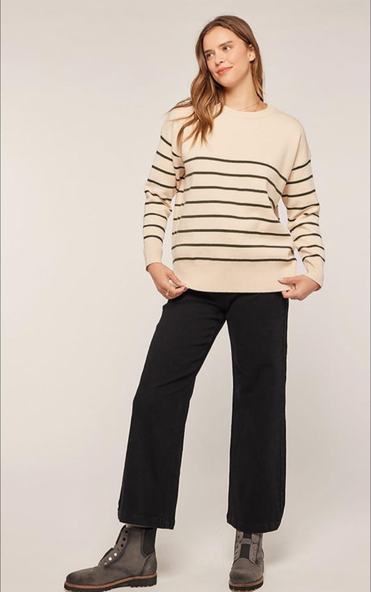 OATMEAL/DARK GREEN STRIPE SWEATER